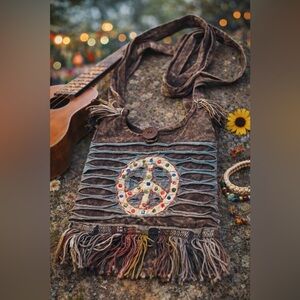 Boho Peace Sign Festival Crossbody Bag • Handmade Nepal Fringe Hippie Purse